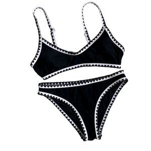 Embroidered Triangle Bikini - Black White - Small